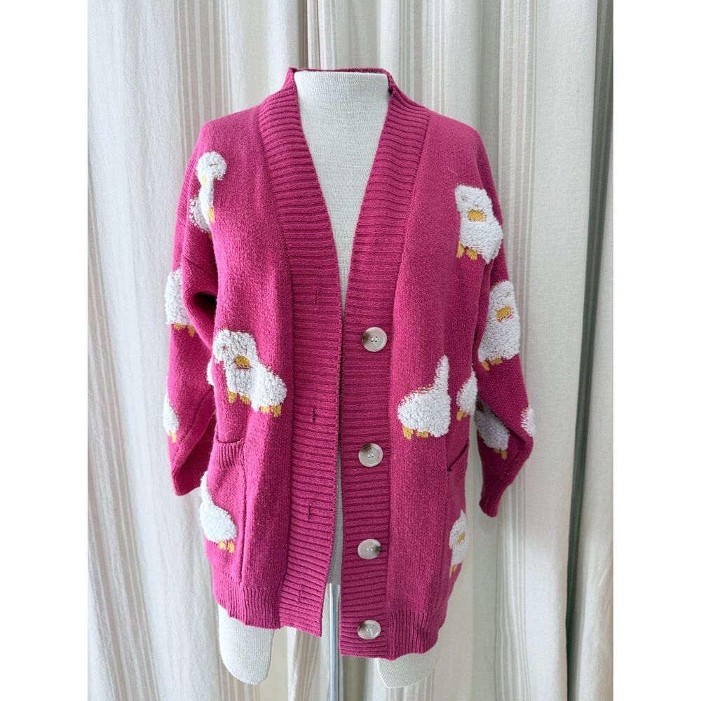 Pink Sheep Cardigan Sweater Chenille Lambs Oversized Cottagecore